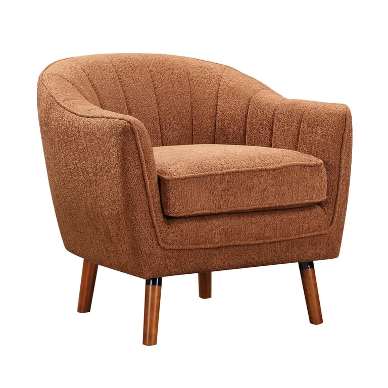 Tia 31 Inch Plush Accent Chair Armchair, White Polyester, Brown Solid Wood