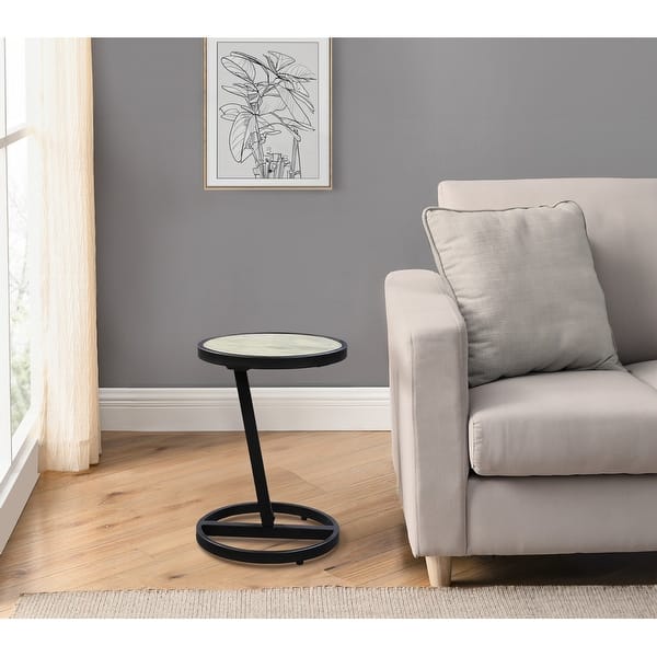 Beri 17 Inch Side End Table, Round White Natural Marble Top, Classic Black Angled Iron Frame