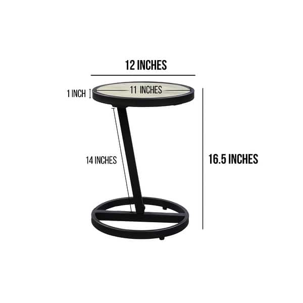 Beri 17 Inch Side End Table, Round White Natural Marble Top, Classic Black Angled Iron Frame