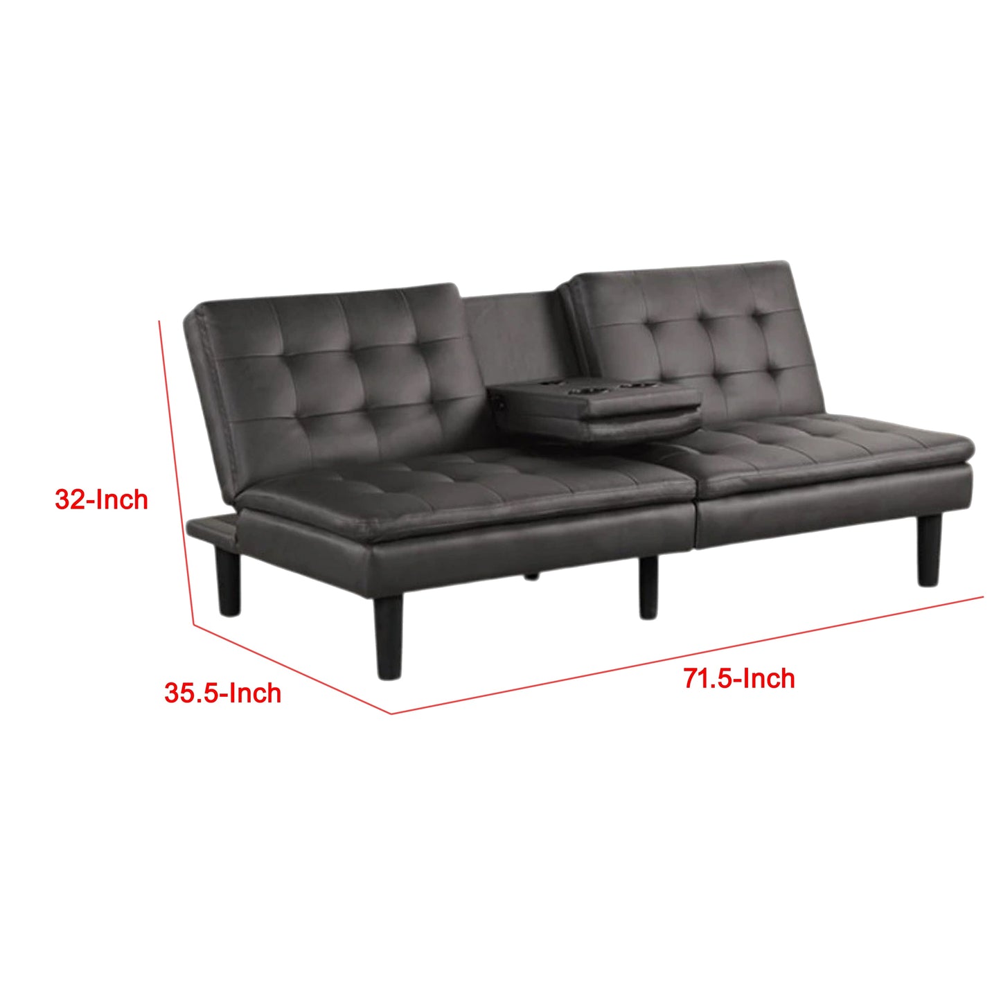 Berie Futon Sofa Bed, Drop-Down Tray and Cupholder, Gray Faux Leather