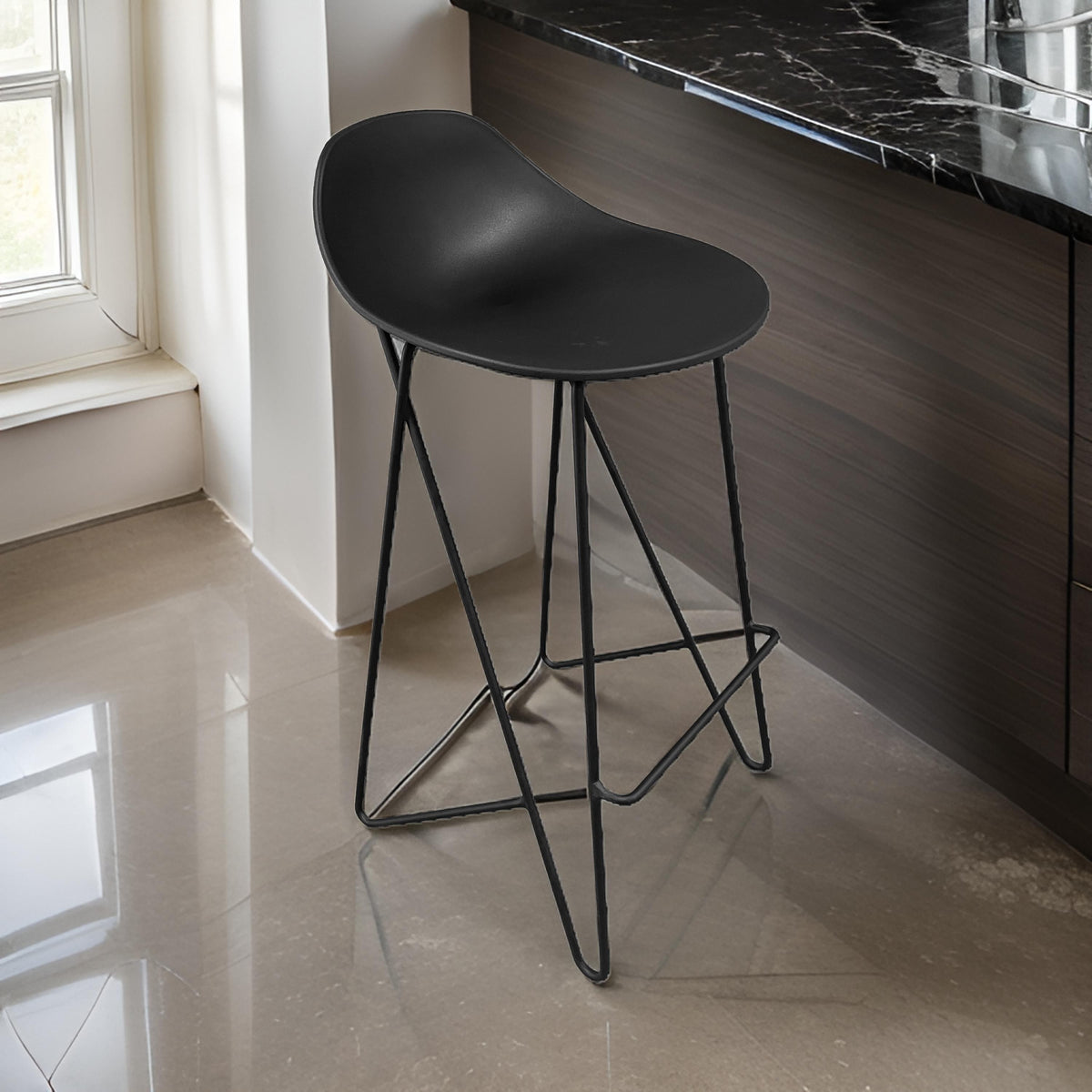 Bert 30 Inch Barstool Chair Set of 2, Low Back, Geometric Black Metal