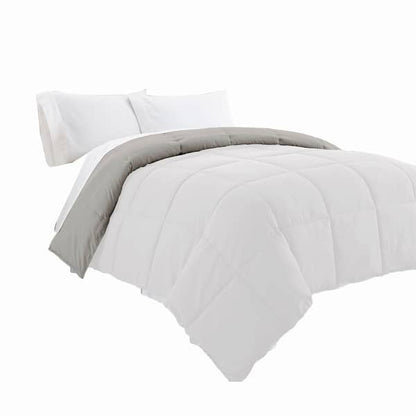 Beth Reversible Microfiber Queen Comforter, Squared Stitching, White, Gray