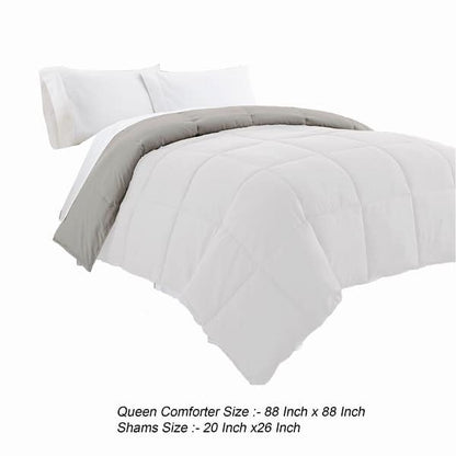 Beth Reversible Microfiber Queen Comforter, Squared Stitching, White, Gray