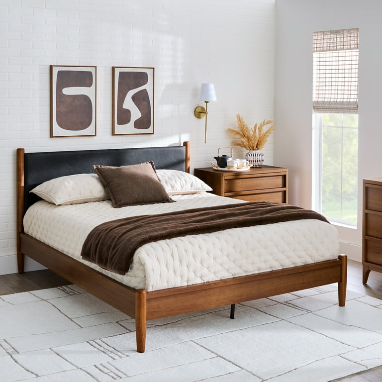 Serene Slated Wooden Full Bed In Faux Leather 12 Slats, White