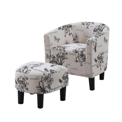 Beua 2pc Accent Chair and Ottoman Set, White and Black Script Print