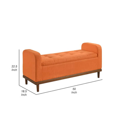Bity Lift Top Storage Bench, Orange Textured Fabric, Wood Base 50 Inch