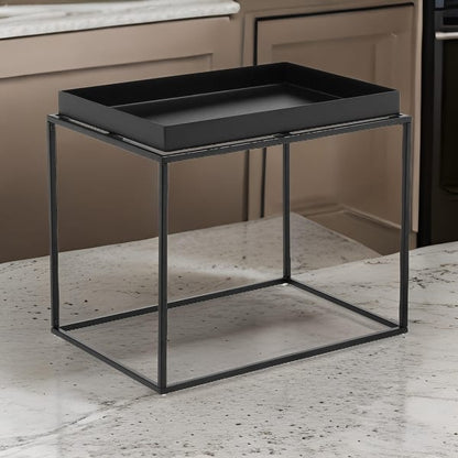 Bixy 24 Inch Side End Table, Black Tray Top, Open Cubic Metal Frame