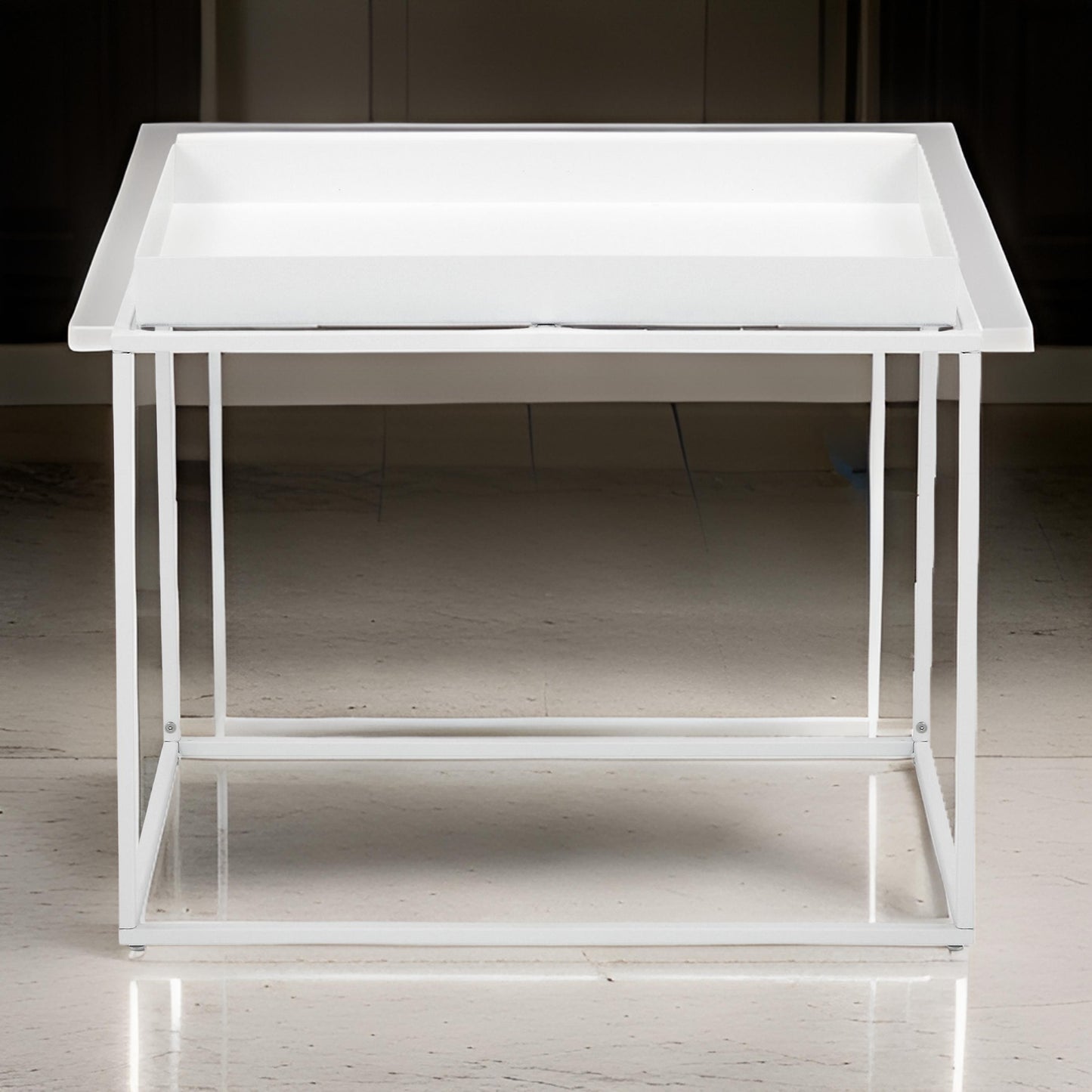 Bixy 24 Inch Side End Table, White Tray Top, Open Cubic Metal Frame