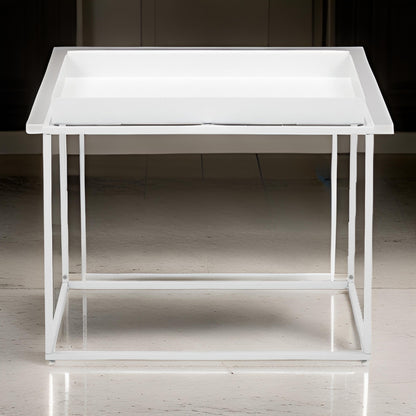 Bixy 24 Inch Side End Table, White Tray Top, Open Cubic Metal Frame