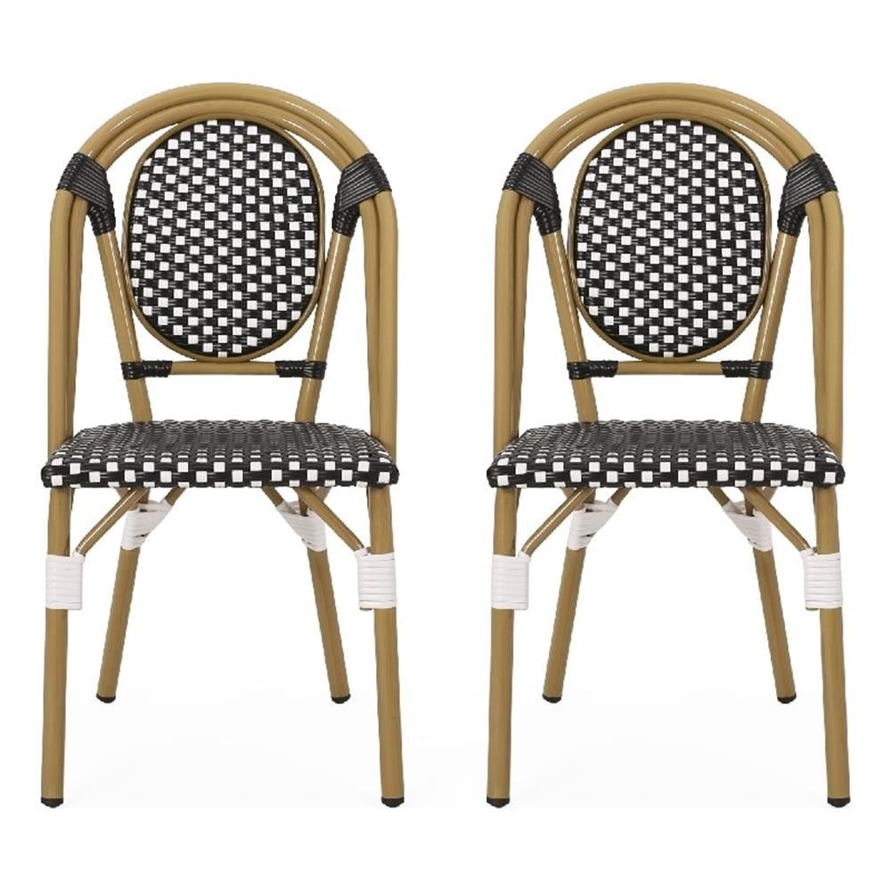 Bo Outdoor Bistro Chair Set of 2, White and Black Faux Rattan, Metal