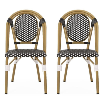 Bo Outdoor Bistro Chair Set of 2, White and Black Faux Rattan, Metal