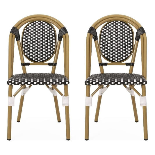 Bo Outdoor Bistro Chair Set of 2, White and Black Faux Rattan, Metal