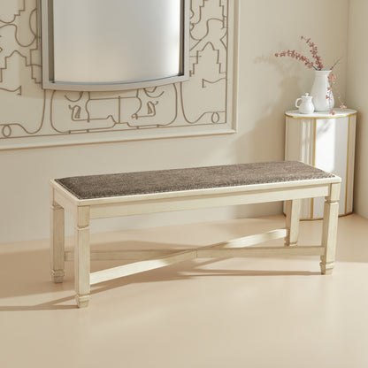 Bolan Large Dining Bench with Heavy Woven Fabric, White Wood, 50 Inch