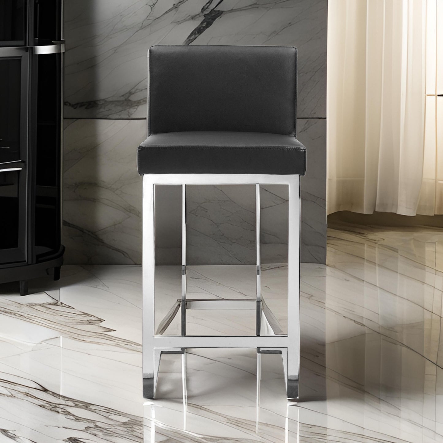 Boly 26 Inch Counter Height Chair, Black Faux Leather, Chrome Steel