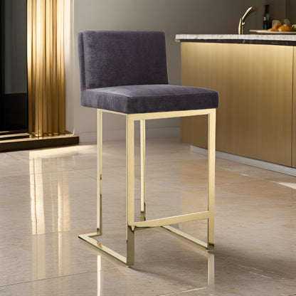 Boly 26 Inch Counter Stool Chair, Cushioned Gray Velvet, Gold Cantilever