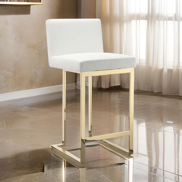 Boly 26 Inch Counter Height Chair, Black Faux Leather Seat, Gold Cantilever