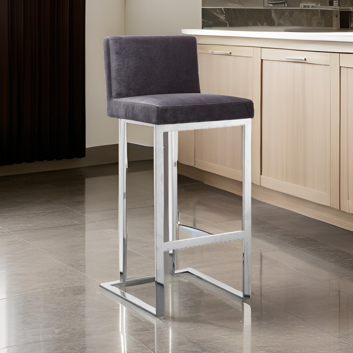 Boly 26 Inch Counter Height Chair, Gray Velvet, Foam Cushions, Chrome Steel
