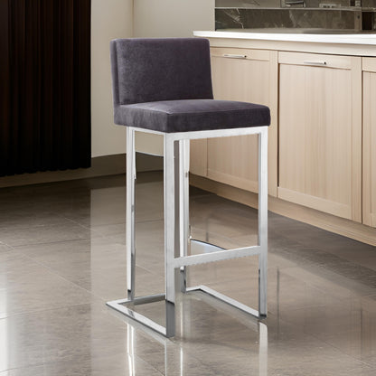 Boly 26 Inch Counter Height Chair, Gray Velvet, Foam Cushions, Chrome Steel