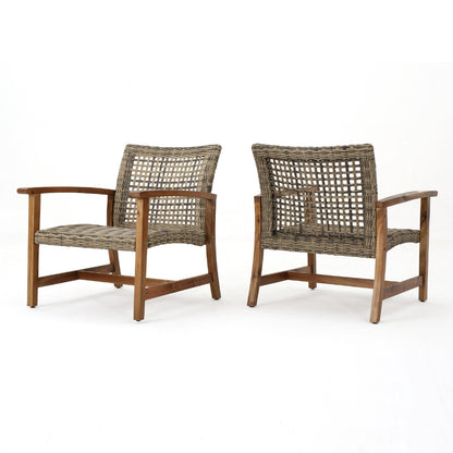 Bops Outdoor Accent Club Chair Set of 2, Brown Acacia Wood Gray Wicker