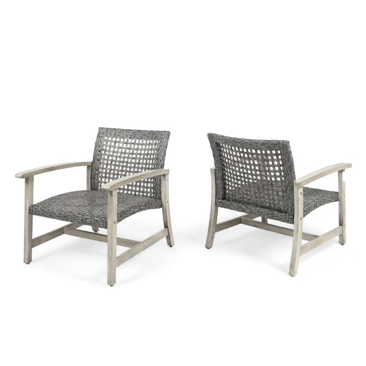 Bops Outdoor Club Chair Set of 2, Graywash Acacia Wood, Gray Wicker