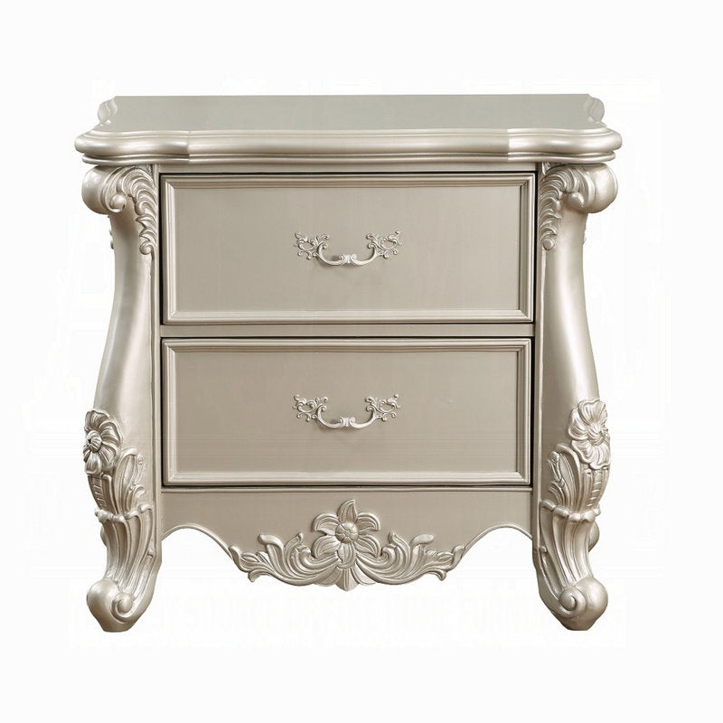 Bowe Nightstand with 2 Drawers, Scrolled, 32 Inch Champagne Gold Wood