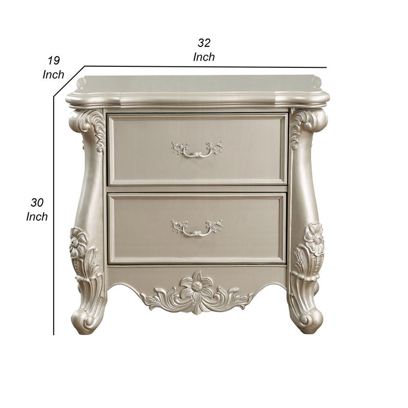 Bowe Nightstand with 2 Drawers, Scrolled, 32 Inch Champagne Gold Wood
