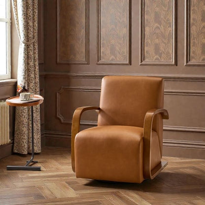 Odel Accent Lounge Chair, Faux Leather, Dark Brown Solid Wood