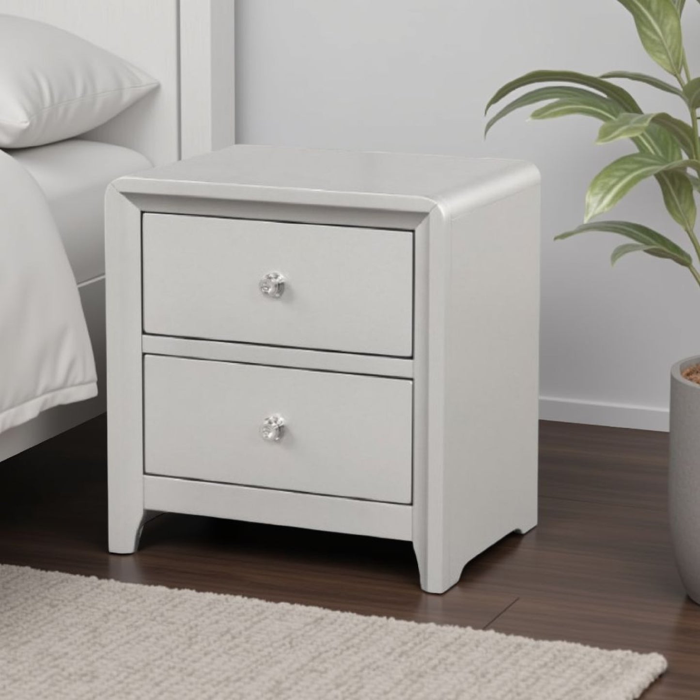 Broy Nightstand, 2 Drawers, Crystal Knobs, Champagne Gray Wood 25 Inch