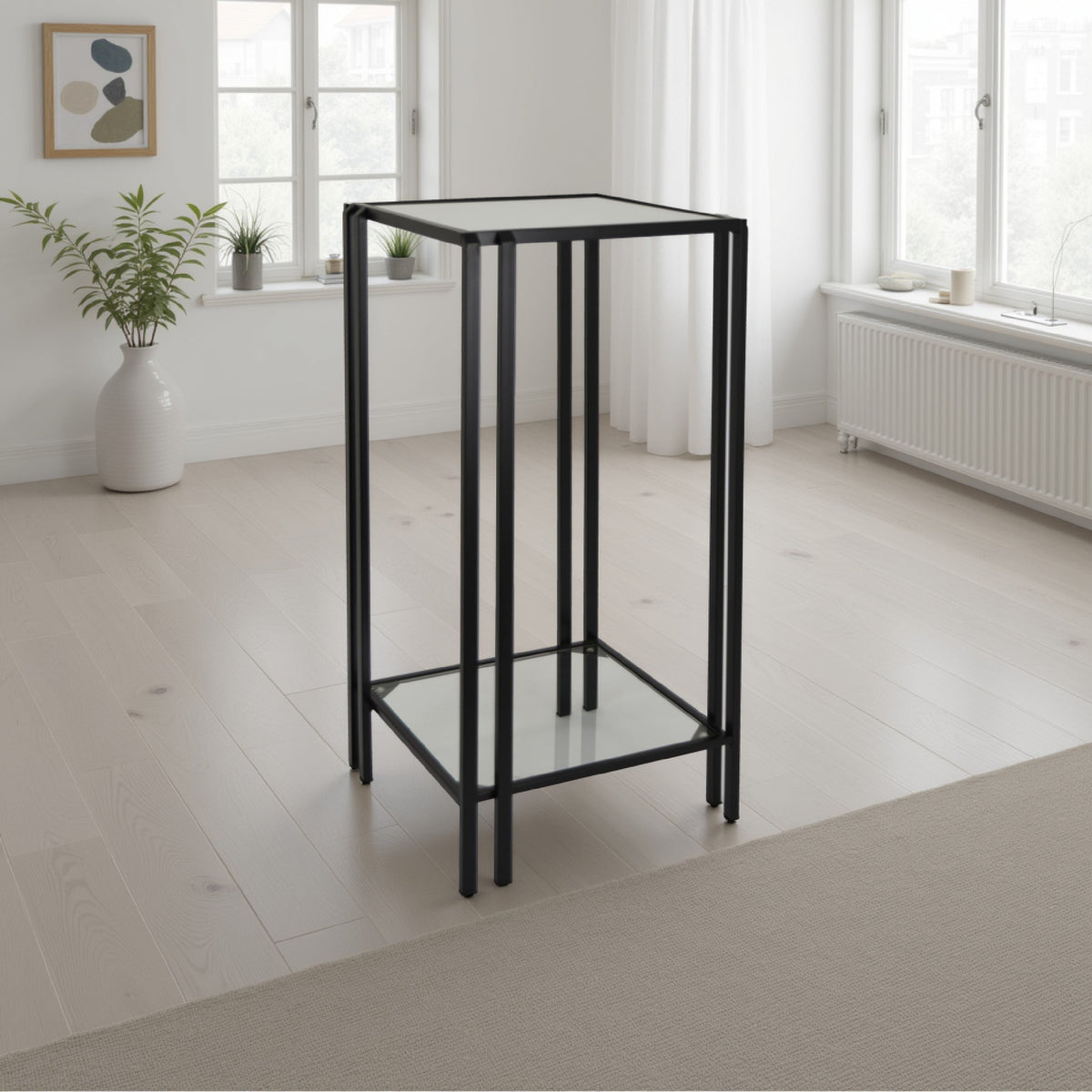 Square Mirrored Black Metal Plant Stand Table, 28 in - Chic Home-Decor