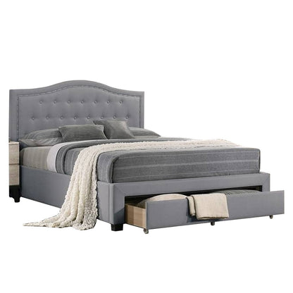 Buk Wood Full Bed, Button Tufted Upholstered, Nailhead Trim, Gray Burlap