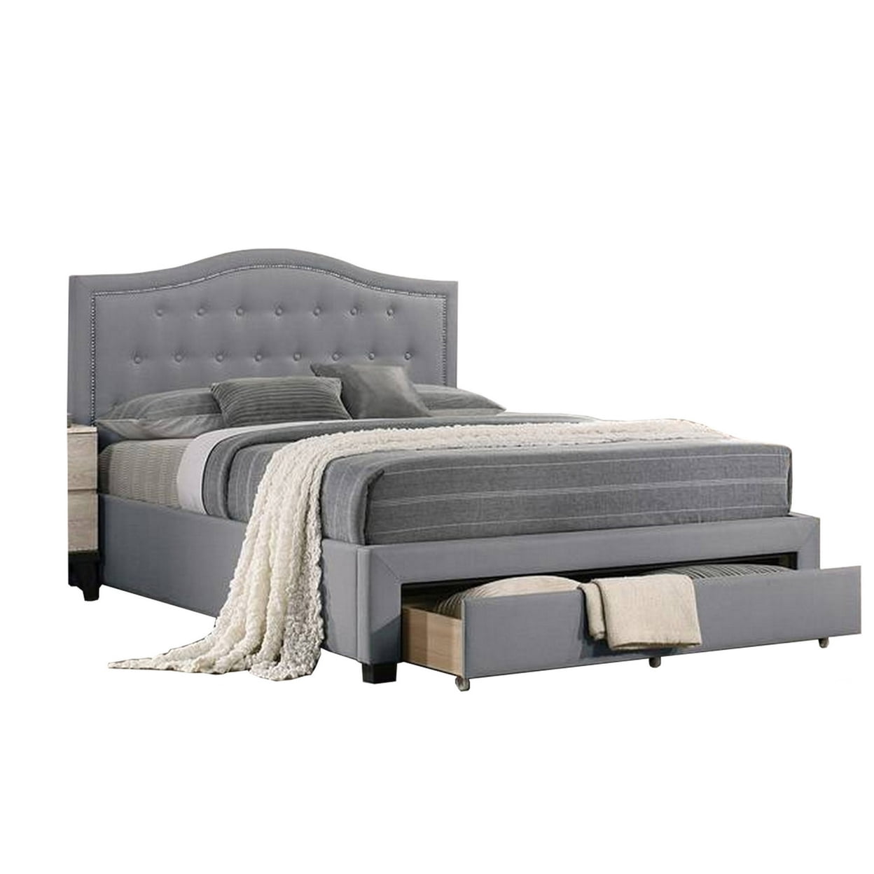 Buk Wood Full Bed, Button Tufted Upholstered, Nailhead Trim, Gray Burlap