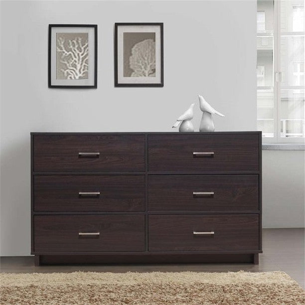 Modern 6 Drawer Double Dresser in Espresso