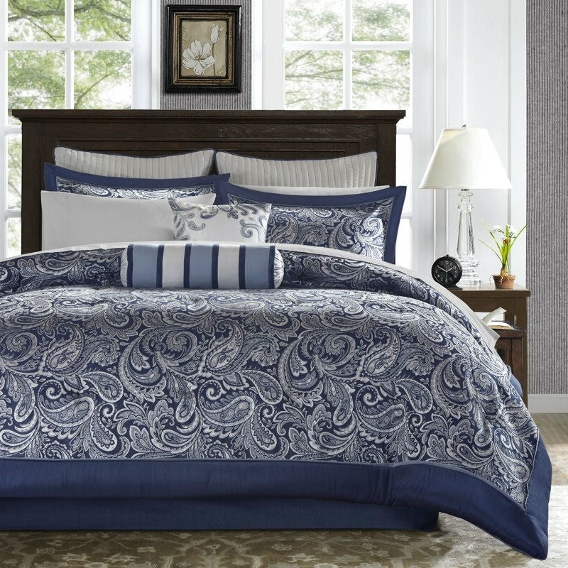 California King 12-piece Reversible Microfiber Comforter Set Navy Blue White — Chic Home-Decor