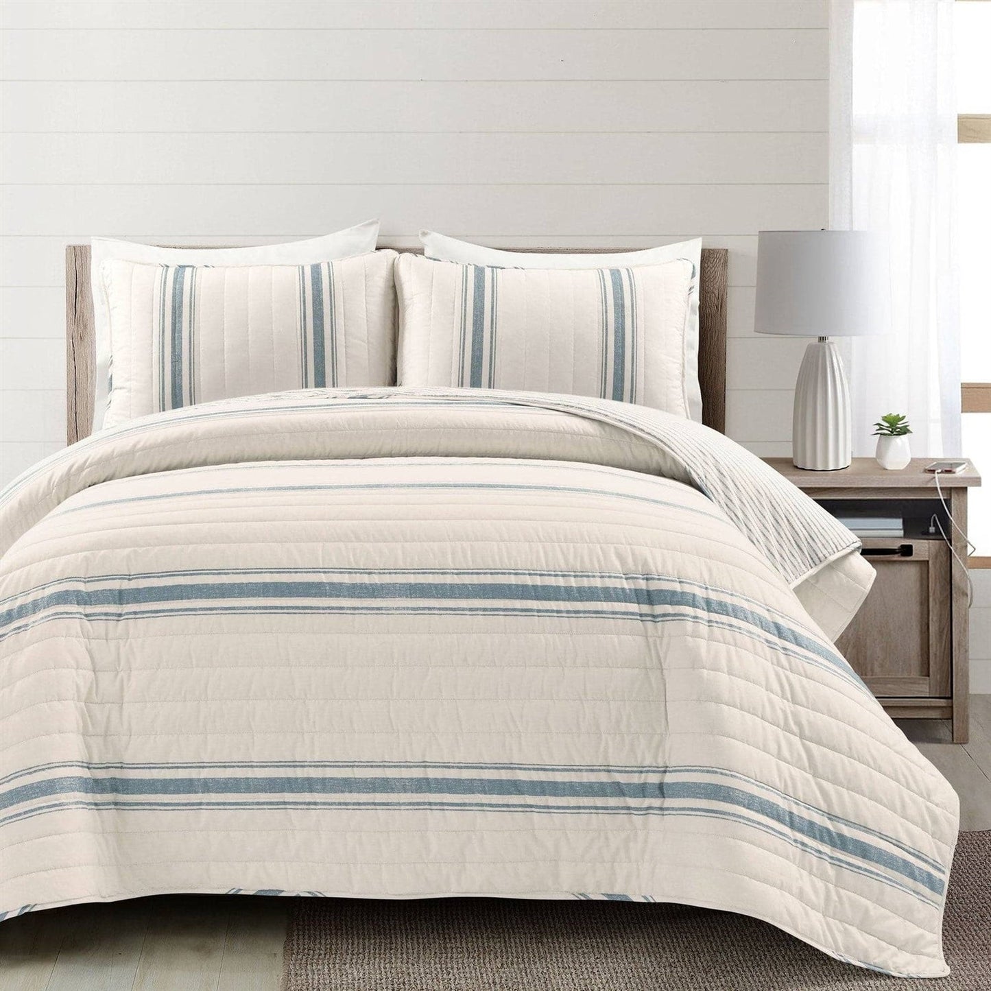 California King Blue Off-White Cream Stripe 3 Piece Reversible Cotton Quilt Set — Chic Home-Decor