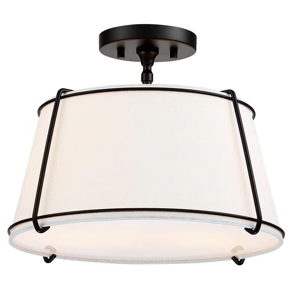 2-Light Round 15-inch White Drum Ceiling Light w/ Black Metal - Semi-Flush Mount — Chic Home-Decor