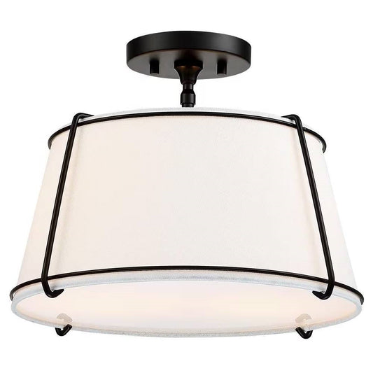 2-Light Round 15-inch White Drum Ceiling Light w/ Black Metal - Semi-Flush Mount — Chic Home-Decor