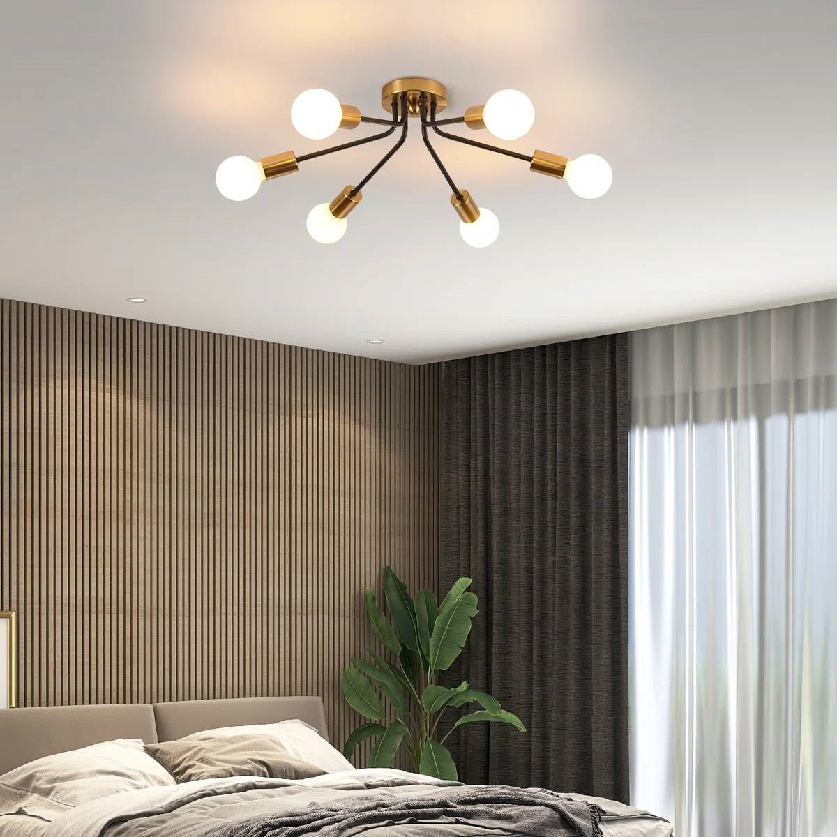 Mid-Century Modern Flush Mount Sputnik Ceiling Light in Coffee Gold Finish