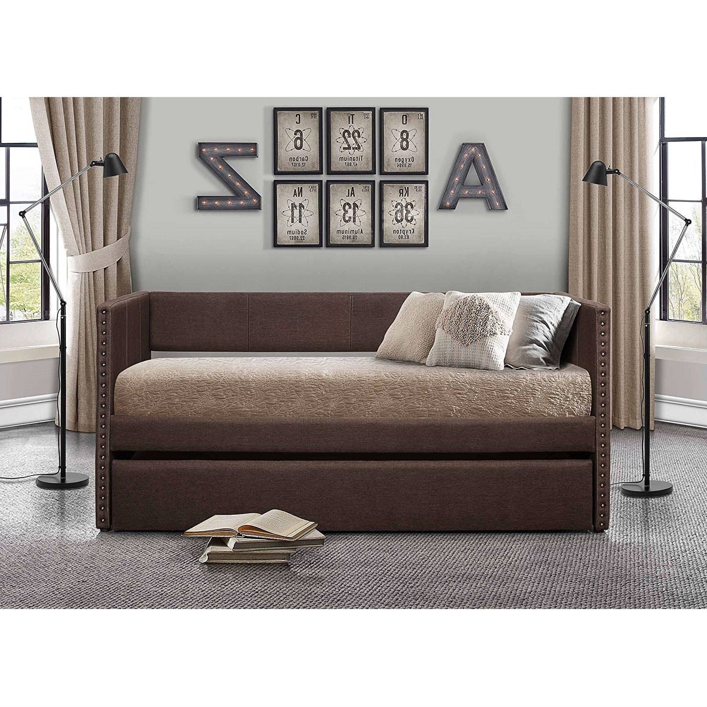 Twin size Chocolate Brown Upholstered Daybed with Pull out Trundle