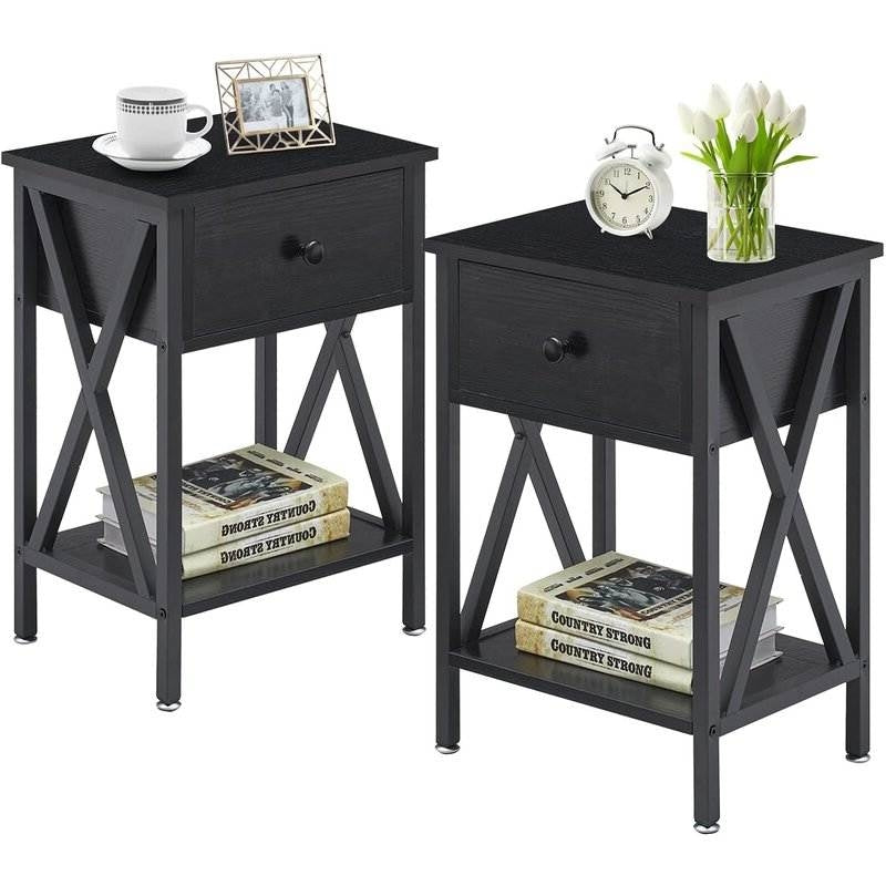 Set of 2 - Rustic 1 Drawer Black Nightstand with X-Shaped Sides — Chic Home-Decor