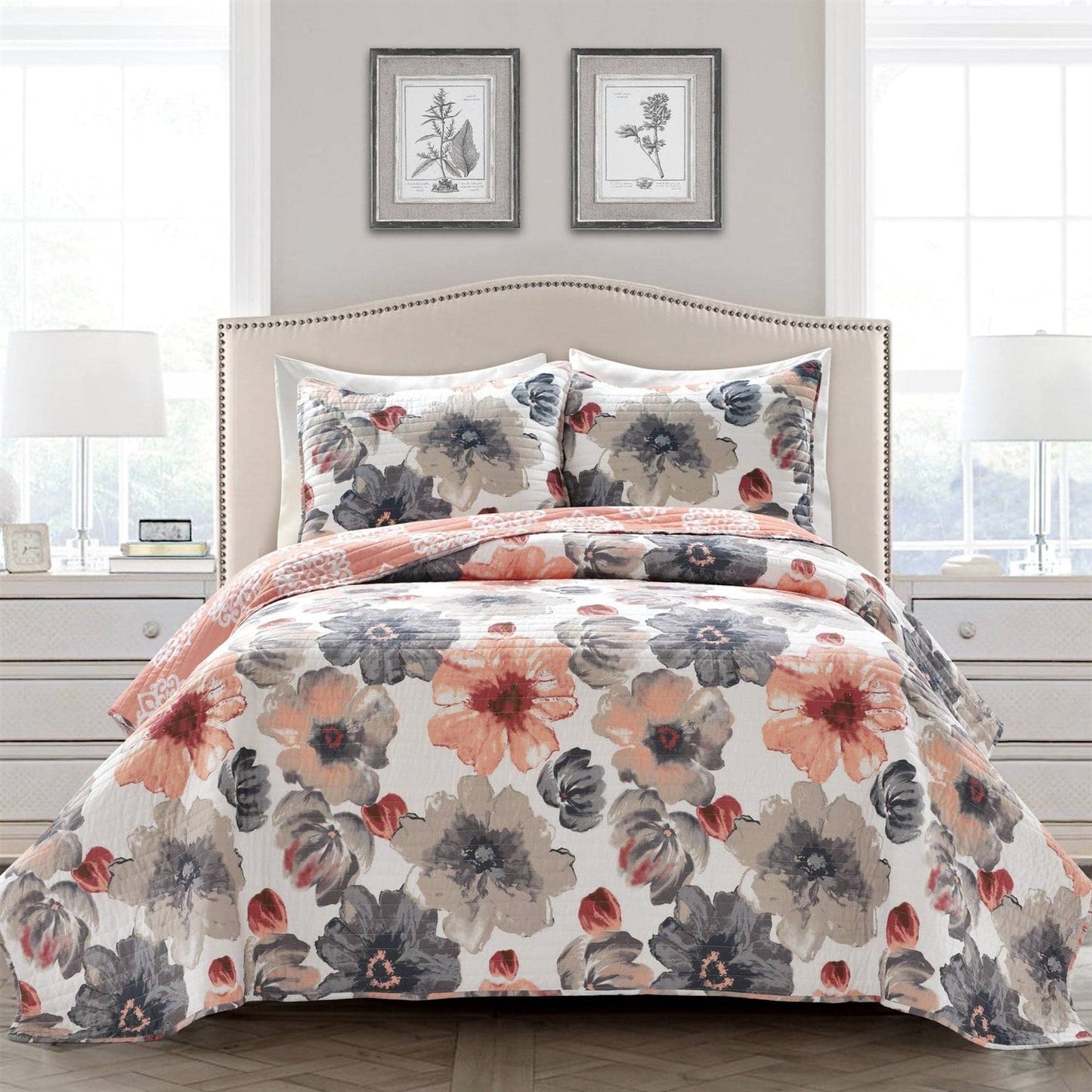 Full/Queen Coral Grey Flowers Lightweight Polyester Microfiber Quilt Set — Chic Home-Decor