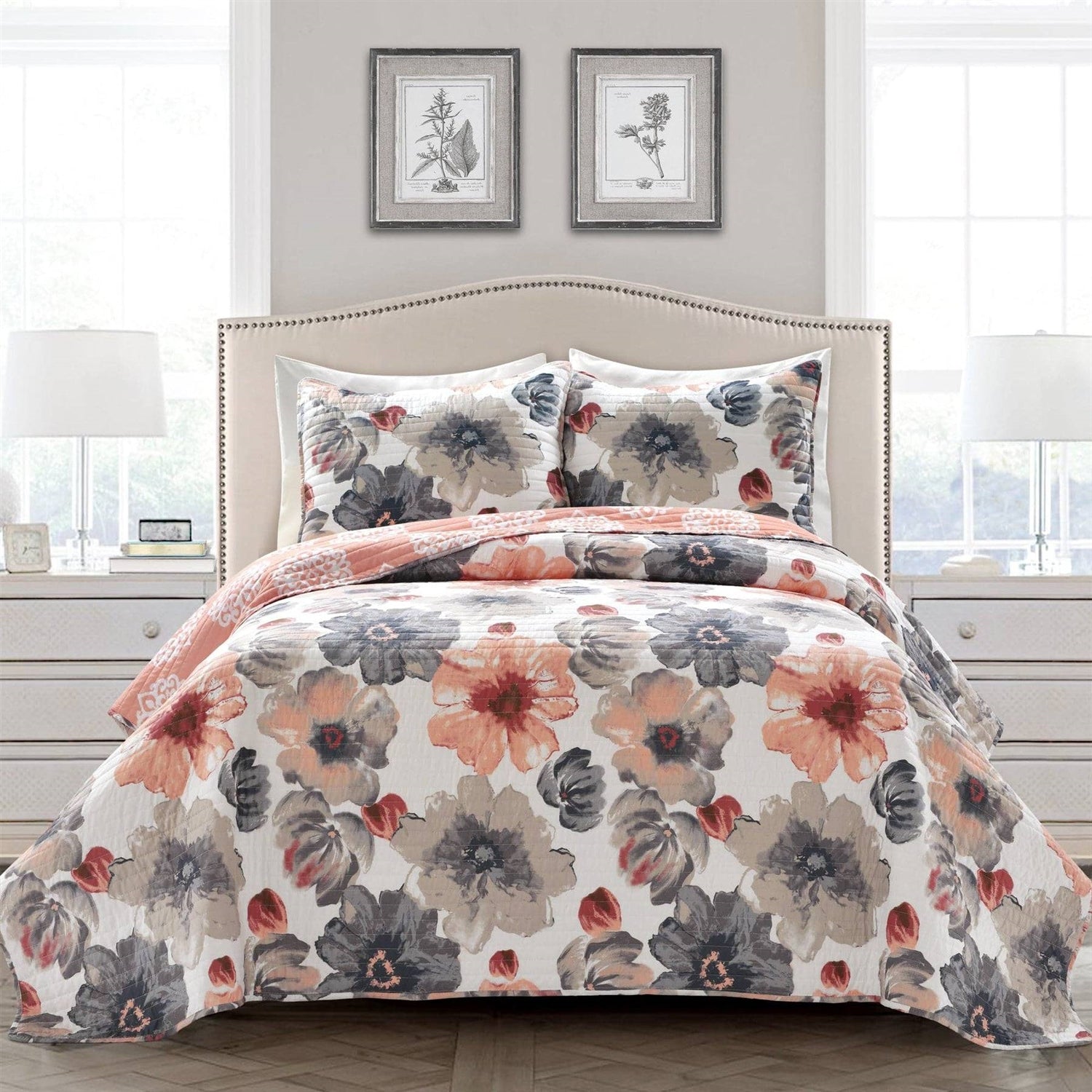 Full/Queen Coral Grey Flowers Lightweight Polyester Microfiber Quilt Set — Chic Home-Decor