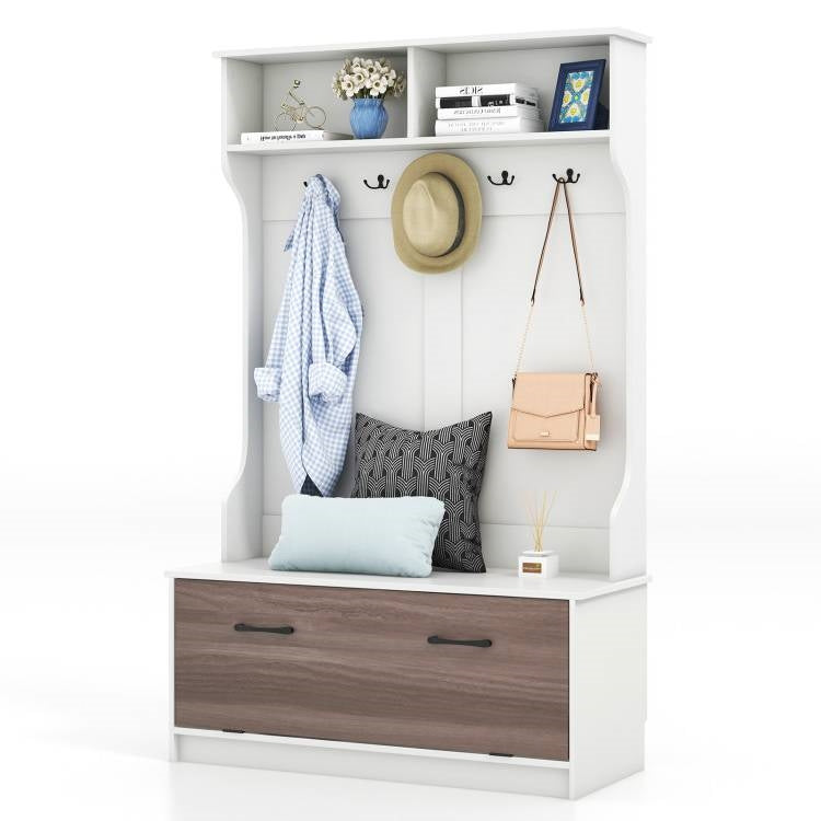 Entryway Bench Coat Rack Shoe Storage Cabinet in White Oak Wood Finish — Chic Home-Decor
