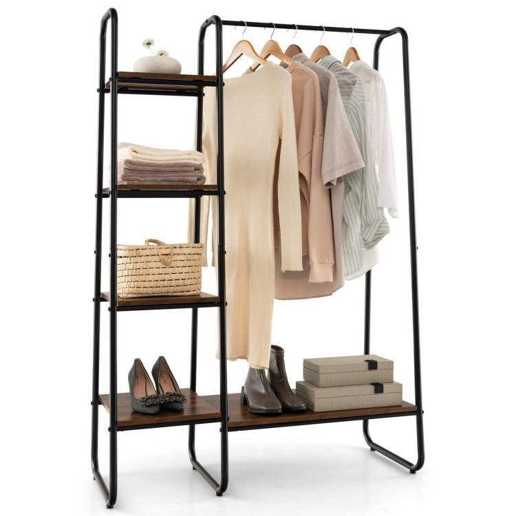 Industrial Wood Metal Garment Rack Clothes Hanging Bar with Storage Shelves — Chic Home-Decor