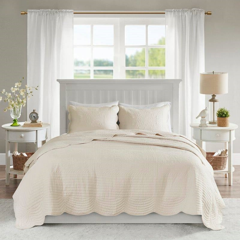 King Size 3 Piece Reversible Scalloped Edges Microfiber Quilt Set in Cream — Chic Home-Decor