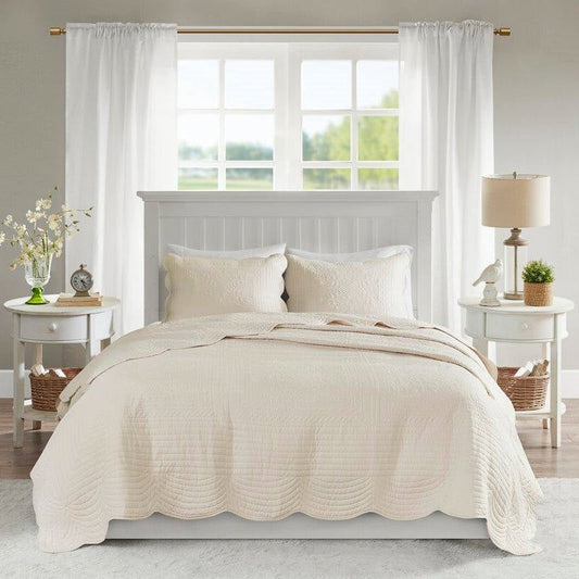 Full/Queen size 3-Piece Reversible Scalloped Edges Microfiber Quilt Set in Cream — Chic Home-Decor