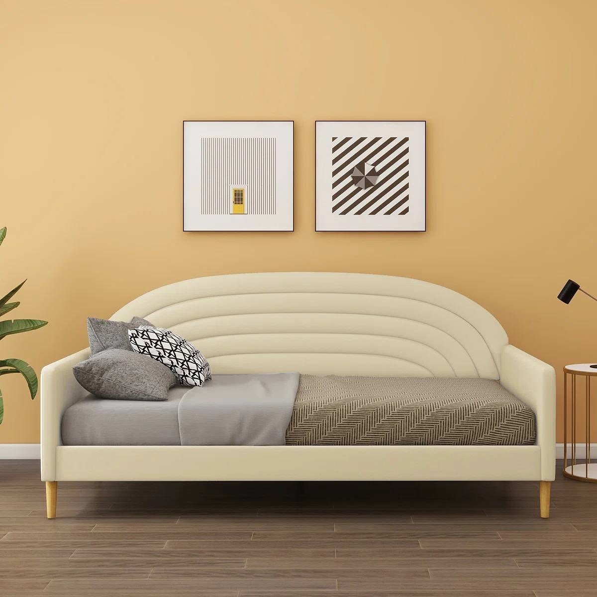 Twin size Mid-Century Modern Off-White Cream Velvet Upholstered Daybed — Chic Home-Decor