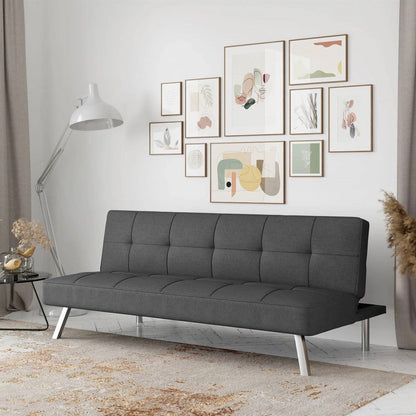 Modern Futon Sofa Bed in Charcoal Grey Fabric with Chrome Metal Legs