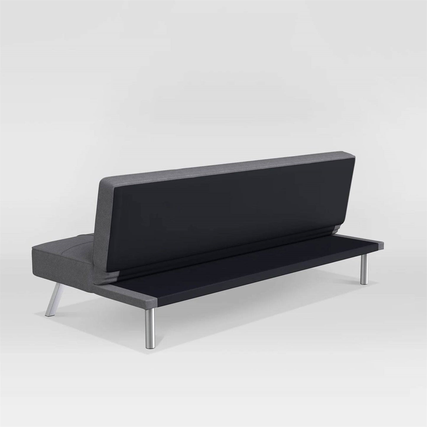 Modern Futon Sofa Bed in Charcoal Grey Fabric with Chrome Metal Legs