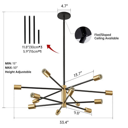 33-inch Modern 12-Light Dimmable Sputnik Chandelier in Black/Gold Finish