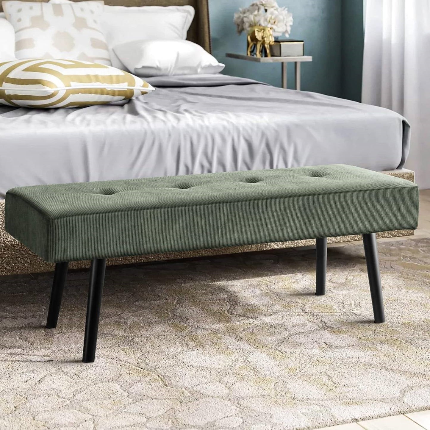 Mid-Century Green Corduroy Upholstered End of Bed Bench with Black Metal Legs — Chic Home-Decor